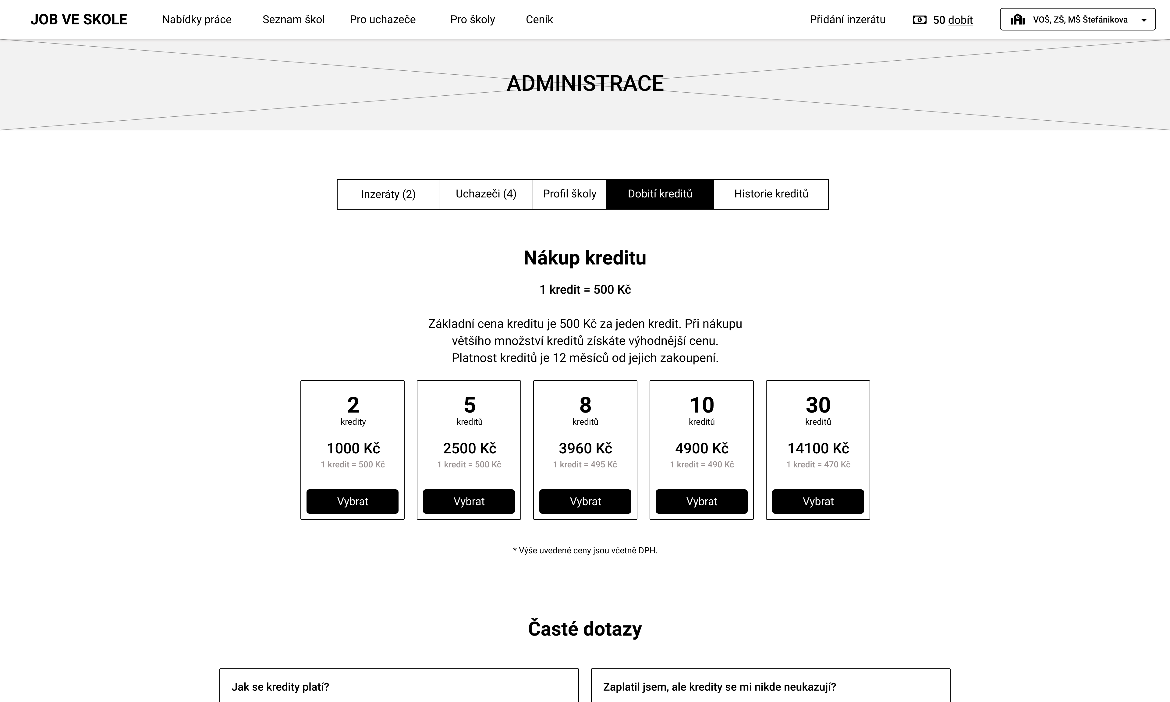 Wireframes administrace pro školy, sekce dobíjení kreditů